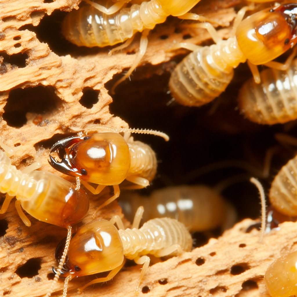 A close-up image of termites on wooden structures,