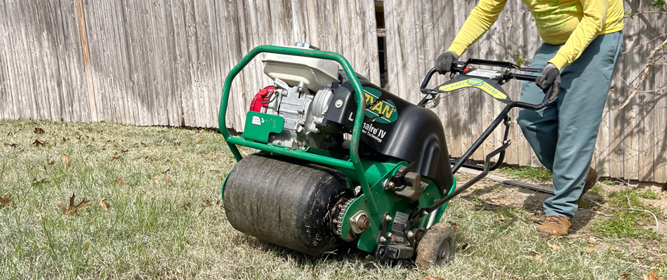Aeration machine performing service on lawn in Fort Worth, TX.